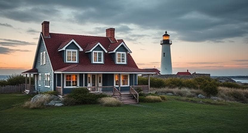 House with a lighthouse behind it representing coastal Nova Scotia homeownership